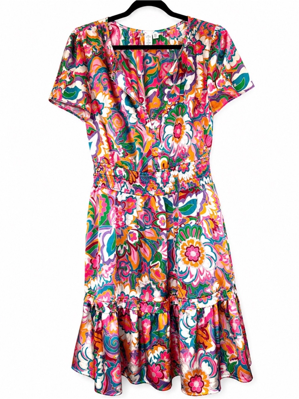 Nicole Miller Colorful Paisley V-Neck Short Sleeve Pockets Dress